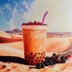 bubble tea in Sahara with smoke, Wild berries are plucking nearby and the sun is shining brightly 