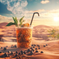 bubble tea in Sahara with smoke, Wild berries are plucking nearby and the sun is shining brightly 