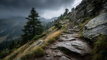Obraz premium Scenic Mountain Trail Amidst Dramatic Clouds and Rocky Terrain