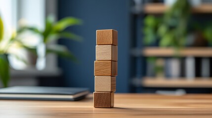 Wooden Blocks Stacked High Business Growth Concept