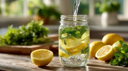 Refreshing Lemon Mint Infused Drink in a Jar on a Wooden Table