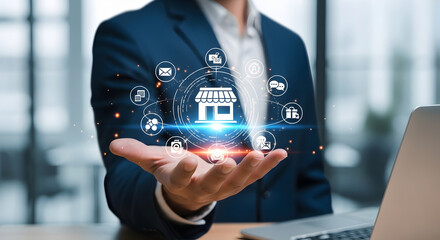 Modern business professional showcases an integrated digital marketplace with essential online service icons.