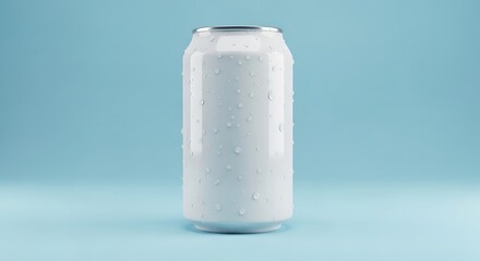Refreshing White Aluminum Can with Water Droplets against a Serene Blue Backdrop