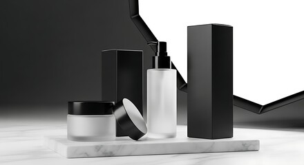 Sophisticated skincare product display with minimalist black and white aesthetics