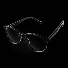 black eyeglasses, frame temples are open, standing on a black background, perspective is 45 degree angle 