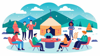 Laughter and productivity fill the air as a team conducts their weekly meeting in a charming yurt tucked away in a snowy landscape.. Vector illustration