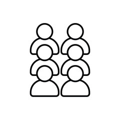 Simple black line icon depicting six people, symbolizing team, group or community.