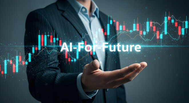 Businessman presenting a dynamic holographic display of AI-For-Future text and financial market data.