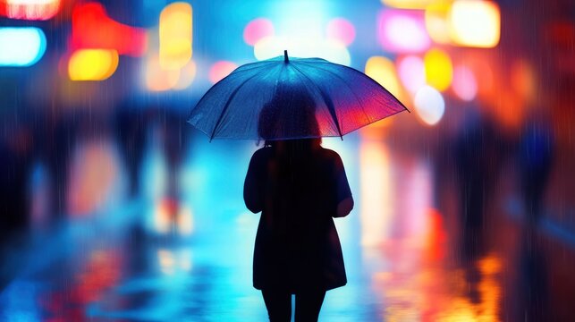 Woman with umbrella in city rain