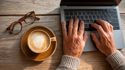 Cozy Workspace with Coffee and Laptop on Wooden Table with Glasses