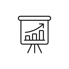 Line art icon of a presentation board showing upward trending bar graph