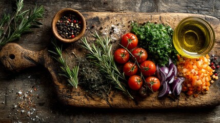 Fresh Herbs and Colorful Vegetables on Rustic Wooden Cutting Board