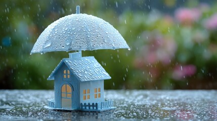 Miniature House Under Umbrella Protecting Against Raindrops in Garden