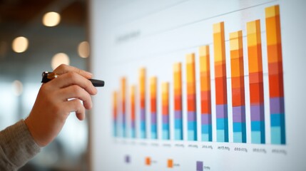 Colorful Bar Graph Analysis on Digital Screen with Hand Holding Pen