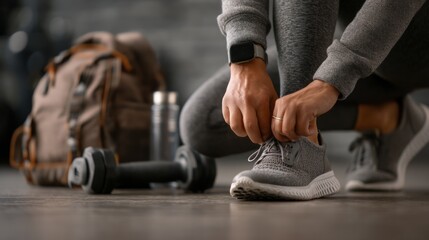 Fitness Enthusiast Tying Shoelaces Before Workout in Gym Environment