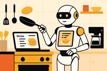 Flat Vector Illustration of AI Robot Cooking Breakfast in Smart Modern Kitchen