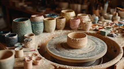 Ceramic Workshop with Pottery Tools and Colorful Handmade Bowls