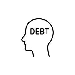 An illustration of a head with the word 'DEBT' inside, representing financial stress.