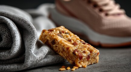Nutritious Snack Bar Next to Sports Shoe and Grey Fabric Background