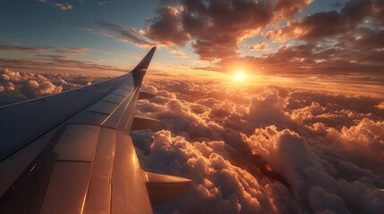 Breathtaking Sunset View from an Airplane Wing Above Fluffy Clouds