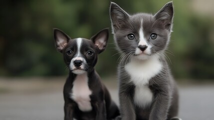 Adorable Puppy and Kitten Friends Outdoor Portrait