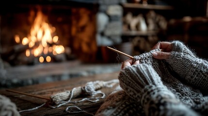 Cozy Knitting Hands by the Fireplace with Warm Glow and Textured Yarn
