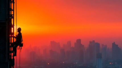 Worker Climbing Tower Against Vibrant Sunset Skyline in Urban Setting