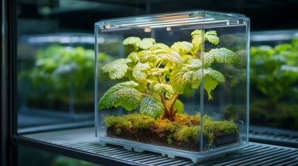 Green Plant Growing in Glass Terrarium with Warm Light and Moss