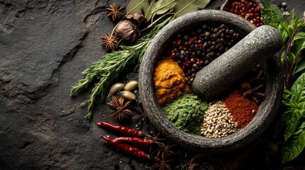 Vibrant Collection of Fresh Spices and Herbs in Mortar on Dark Stone Surface