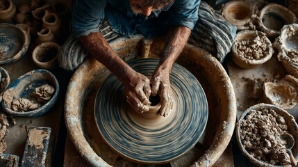 Skilled Pottery Artisan Creating Unique Clay Art on Wheel in Workshop