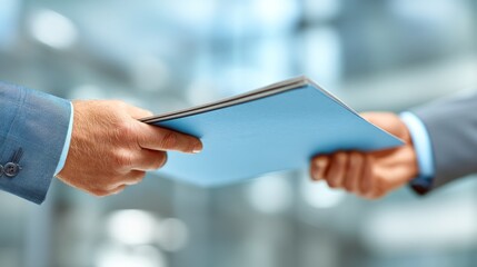 Professional Hands Exchanging Document in Modern Office Setting