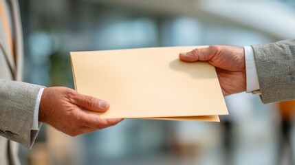 Professional Hands Exchanging Yellow Envelope in Modern Office Environment