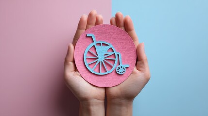 Hands Holding Wheelchair Icon on Pink and Blue Background