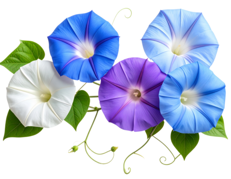 Set of Morning Glory Flowers in Blue, Purple, and White, isolated on a transparent background - Powered by Adobe