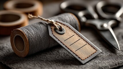 Vintage Sewing Thread with Tag and Scissors on Soft Fabric Surface