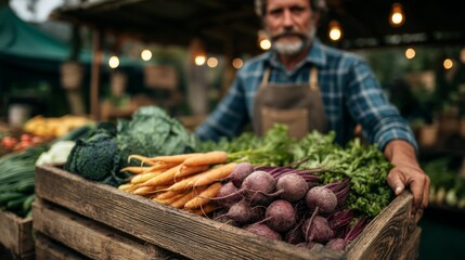 Fresh Organic Vegetables Sold by Farmer at Outdoor Market Stall