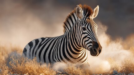 Majestic Zebra Resting in Dusty Terrain Under Warm Sunset Light