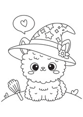 Coloring book alpaca in a garden hat with rake.