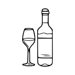 wine bottle and glass outline - minimalist drink icon