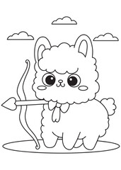Coloring book alpaca as archer with bow and arrow.