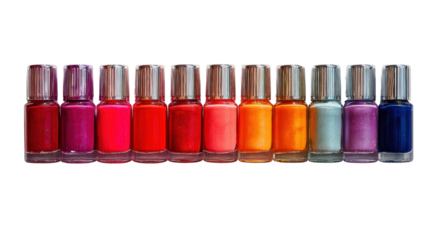 A vibrant collection of nail polish bottles in various colors on a white background.