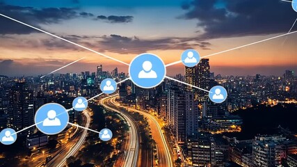 A vibrant city skyline at sunset with social network icons symbolizing connectivity and interaction - Powered by Adobe