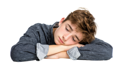 A young male with tired expression resting his head on his hands, isolated on white background.