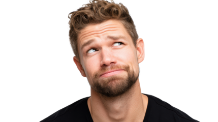 A young man with a thoughtful expression looking upwards, isolated on a white background.