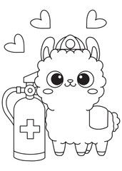 Coloring book alpaca firefighter with hose.