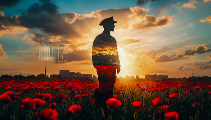 The double exposure image, featuring the silhouette of an army soldier blending into a vibrant poppy field at sunset, captures a poignant blend of memories with the colors of the warm, bright sky.