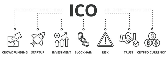 Initial Coin Offering ( ICO ) banner vector illustration concept with icon of cryptocurrency, crowdfunding, startup , trust, Investment, blockchain and Risk