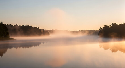 Obraz premium Serene lake reflecting a clear sky at dawn, mist rising from the water