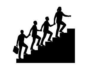 Silhouette of people climbing steps holding hands to reach the top of the staircase together and succeed