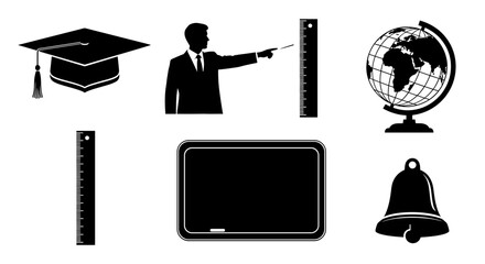 Illustration showcasing education related items including teacher globe and graduation cap for learning theme